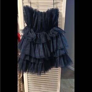 Blue Asymmetrical Strapless Babydoll Dress